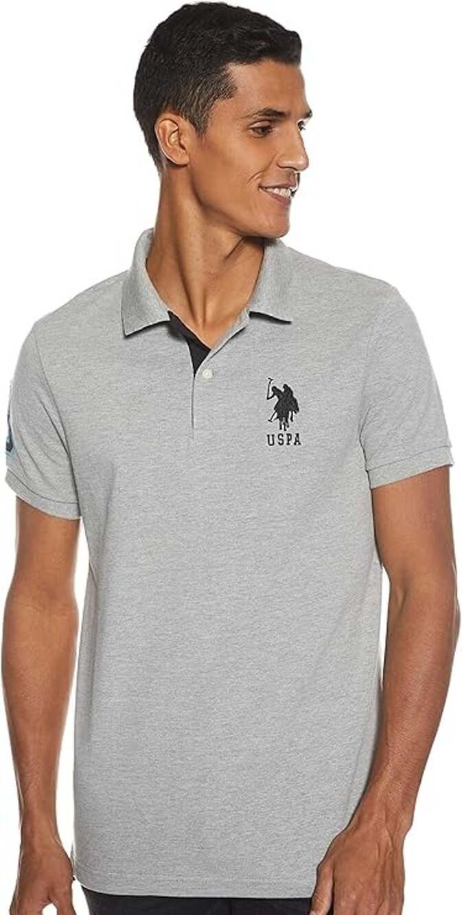 U.S. Polo Assn. Mens Large Gray Short Sleeve Applique Slim Fit Polo T-Shirt R6-9